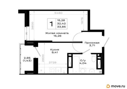 1-комн. квартира, 33.85 м&sup2;
