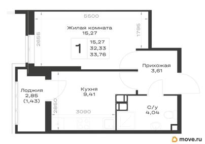 1-комн. квартира, 33.76 м&sup2;
