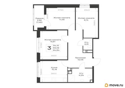3-комн. квартира, 64.54 м&sup2;