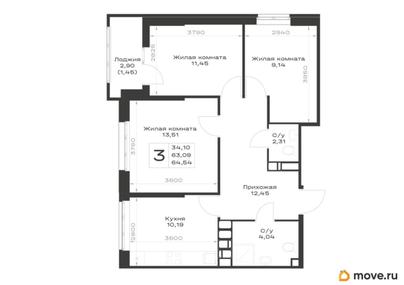 3-комн. квартира, 64.54 м&sup2;