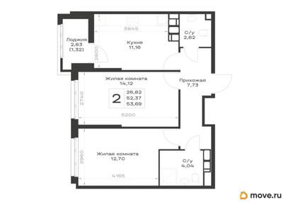2-комн. квартира, 53.69 м&sup2;