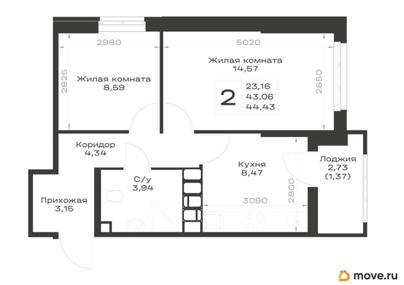 2-комн. квартира, 44.43 м&sup2;