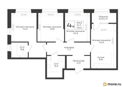 4-комн. квартира, 73.4 м&sup2;