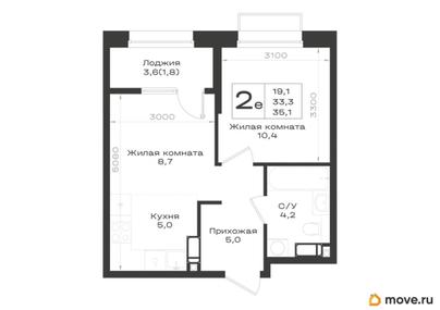 2-комн. квартира, 35.1 м&sup2;