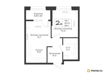 2-комн. квартира, 36.1 м&sup2;