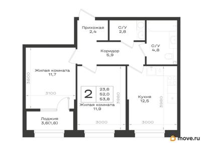 2-комн. квартира, 53.8 м&sup2;
