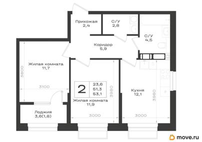 2-комн. квартира, 53.1 м&sup2;