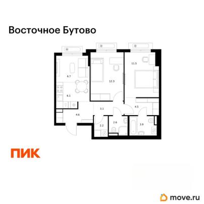 2-комн. квартира, 57.5 м&sup2;