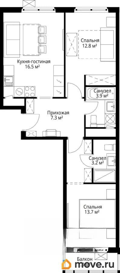 2-комн. квартира, 58.4 м&sup2;