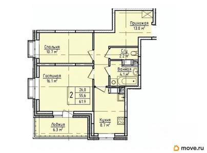 2-комн. квартира, 61.9 м&sup2;