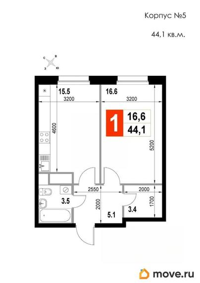 1-комн. квартира, 44.1 м&sup2;