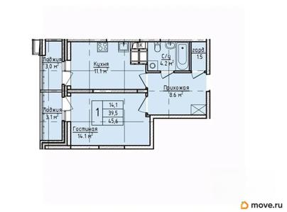 1-комн. квартира, 45.6 м&sup2;