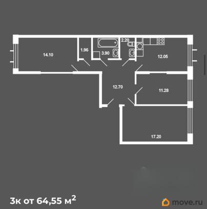 3-комн. квартира, 64.6 м&sup2;