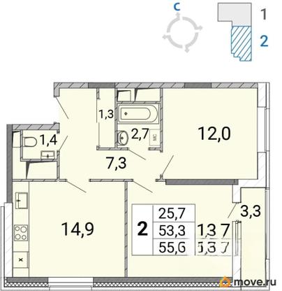 2-комн. квартира, 55.4 м&sup2;