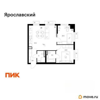 2-комн. квартира, 54.4 м&sup2;