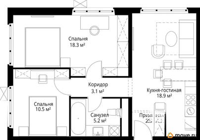 2-комн. квартира, 58.2 м&sup2;