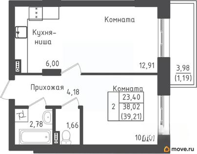 1-комн. квартира, 38.01 м&sup2;