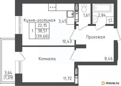 1-комн. квартира, 38.51 м&sup2;
