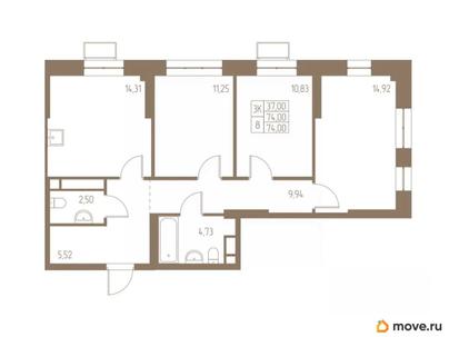 3-комн. квартира, 74 м&sup2;