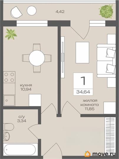1-комн. квартира, 34.64 м&sup2;