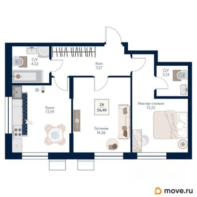 2-комн. квартира, 56.4 м&sup2;