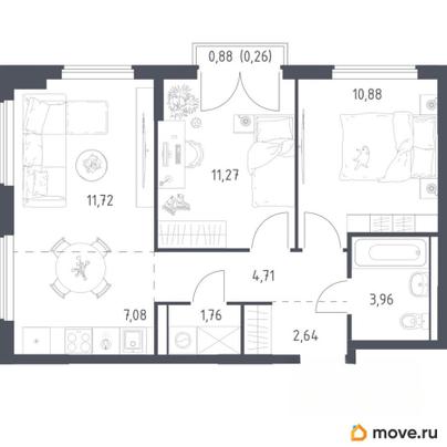 3-комн. квартира, 54.28 м&sup2;