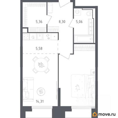 1-комн. апартаменты, 54.73 м&sup2;