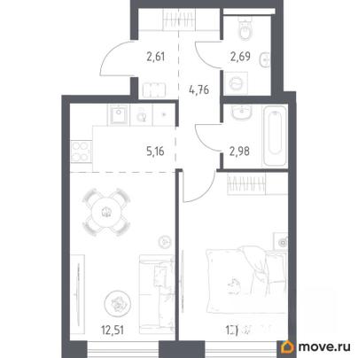 1-комн. квартира, 43.71 м&sup2;