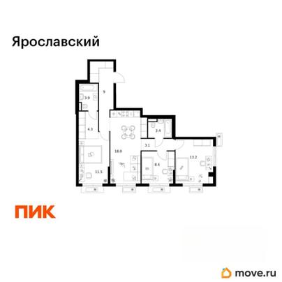 3-комн. квартира, 75.6 м&sup2;