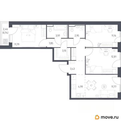 3-комн. квартира, 74.54 м&sup2;