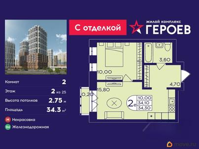 2-комн. квартира, 34.3 м&sup2;