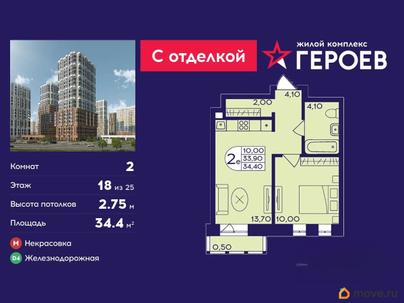 2-комн. квартира, 34.4 м&sup2;