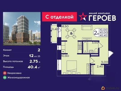 2-комн. квартира, 40.4 м&sup2;