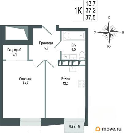 1-комн. квартира, 37.2 м&sup2;
