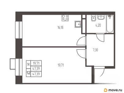 1-комн. квартира, 47.4 м&sup2;
