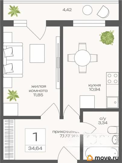 1-комн. квартира, 34.64 м&sup2;