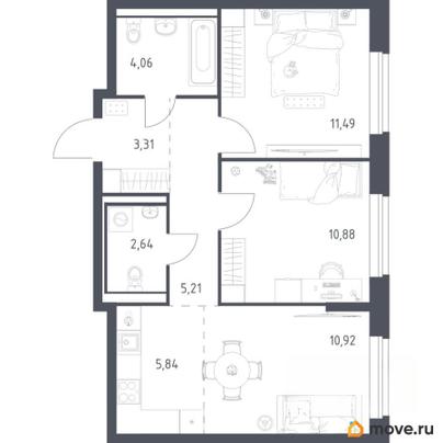2-комн. квартира, 54.35 м&sup2;