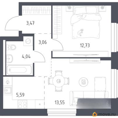 1-комн. квартира, 42.44 м&sup2;