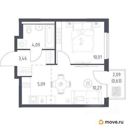 1-комн. квартира, 33.55 м&sup2;