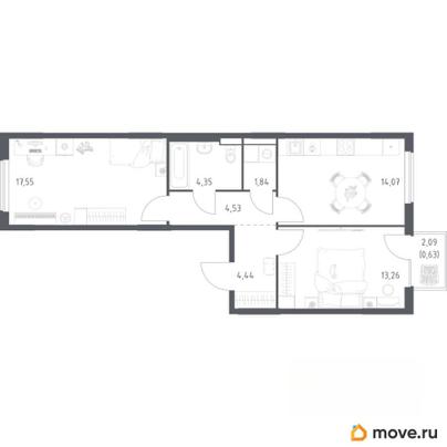 2-комн. квартира, 60.67 м&sup2;