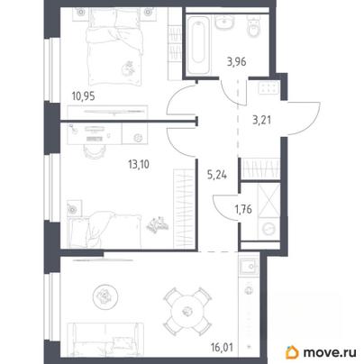 2-комн. квартира, 54.23 м&sup2;