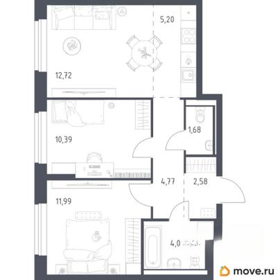 2-комн. квартира, 53.37 м&sup2;