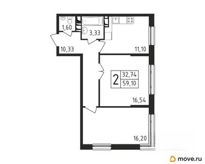 2-комн. квартира, 59.1 м&sup2;