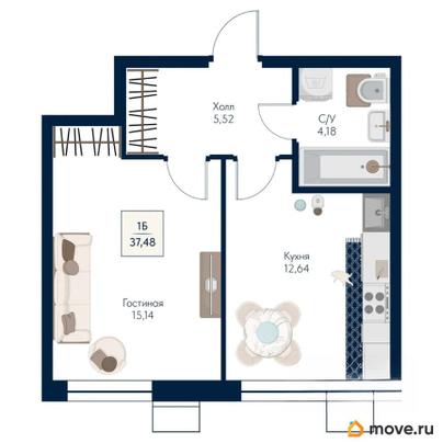 1-комн. квартира, 37.48 м&sup2;