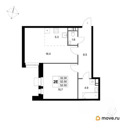 2-комн. квартира, 52.5 м&sup2;