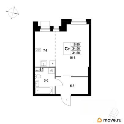 студия, 34.5 м&sup2;