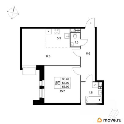 2-комн. квартира, 53.9 м&sup2;