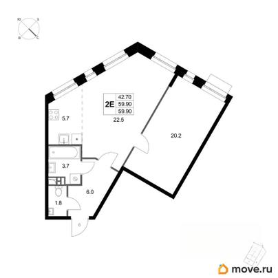 2-комн. квартира, 59.9 м&sup2;