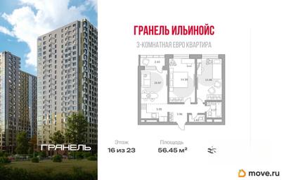 3-комн. квартира, 56.45 м&sup2;
