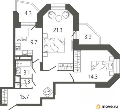 2-комн. квартира, 69.5 м&sup2;